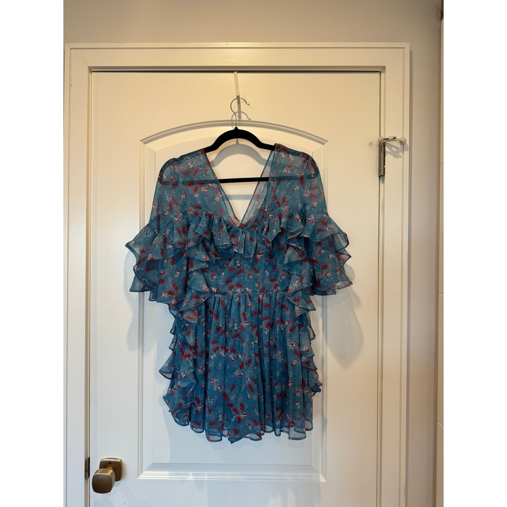 Ruffle Mini Dress Koi Fish Print V Neck Short Sleeve Blue Size L - Picture 2 of 4